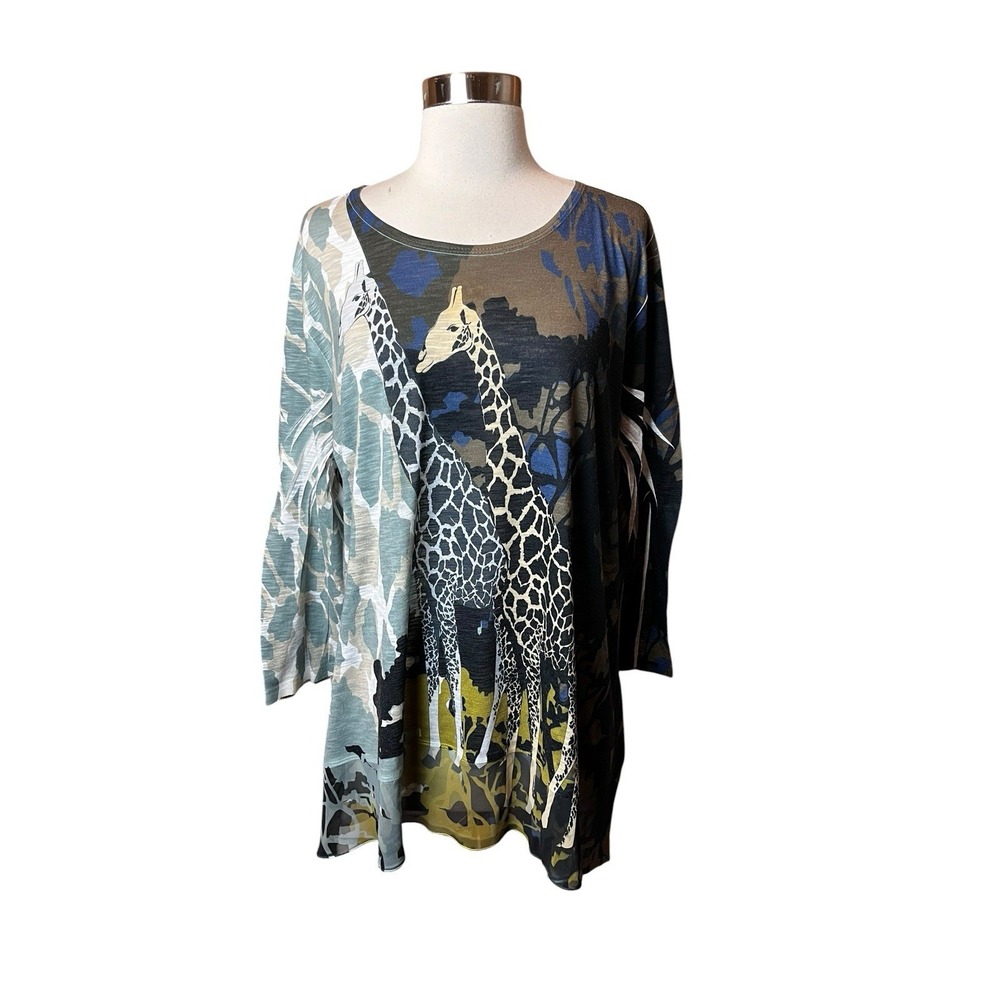 Jess & Jane Kenya Tunic 1X Giraffe Print Artsy Multi Colored with Sheer Trim